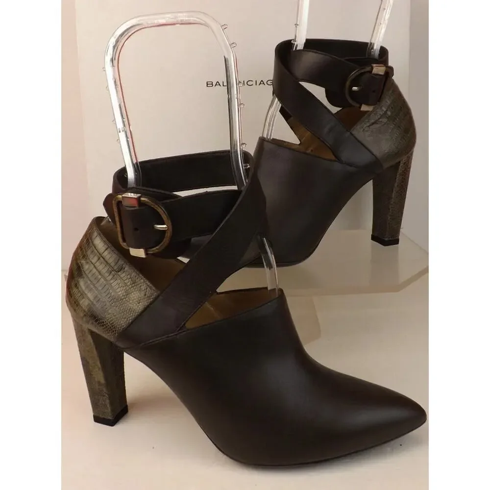 NIB BALENCIAGA DARK BROWN LEATHER LIZARD SKIN ANKLE STRAP PUMPS 37.5 $1155 ITALY - Picture 5 of 10